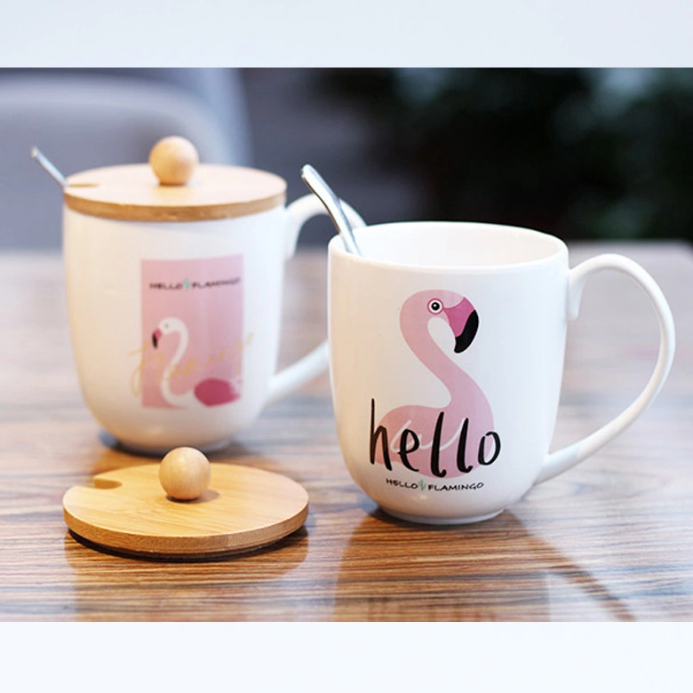 Wholesale Creative Anniversary Gift Tea Milk Cup Ceramic Porcelain Flamingos Mugs with Lid and Spoon