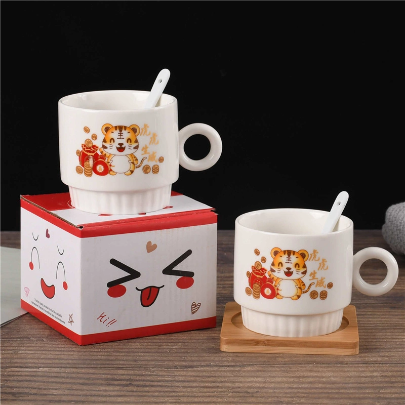 White Color Stackable Stacking Ceramic Drinking Coffee Milk Tea Cup Mug with Handle Stand Holder Drinking Tea Cup 350ml 12oz