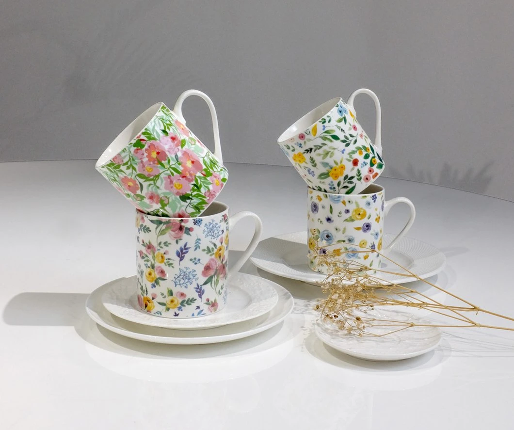 Ellen Design Top Quality Ceramic Mug Promotion Porcelain Flowered Pink Coffee Mug Cup with Flowers Design