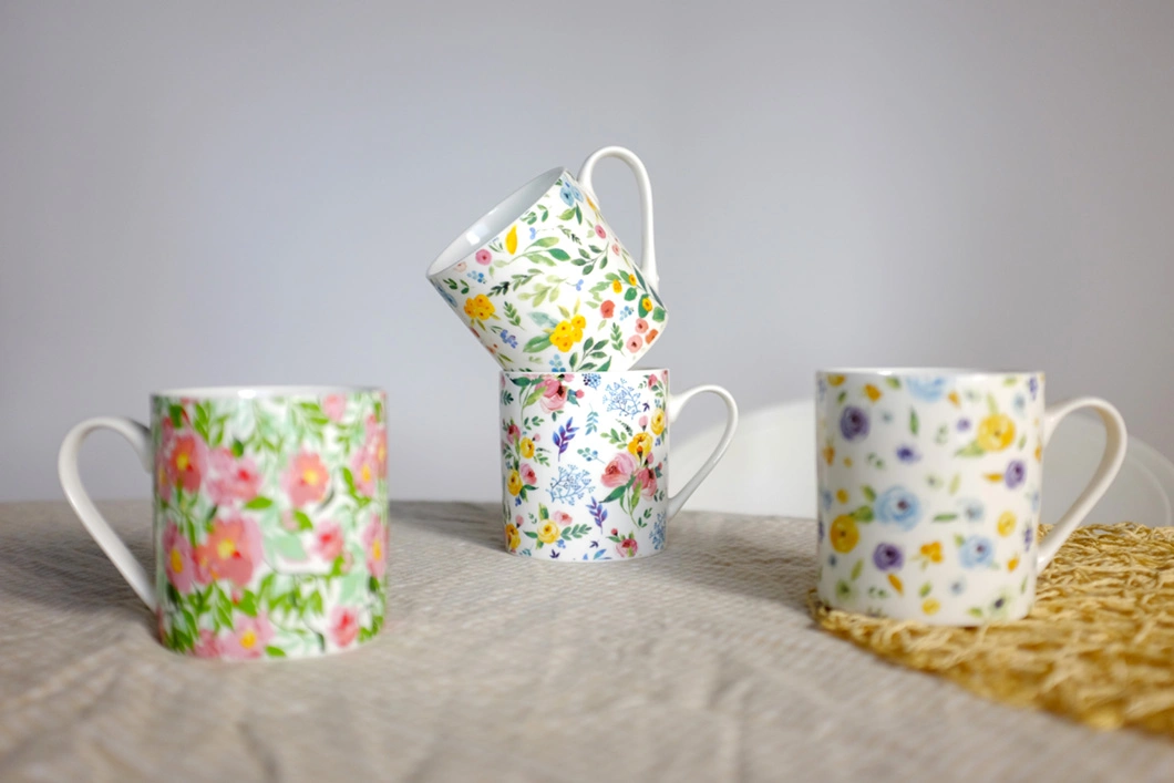 Ellen Design Top Quality Ceramic Mug Promotion Porcelain Flowered Pink Coffee Mug Cup with Flowers Design