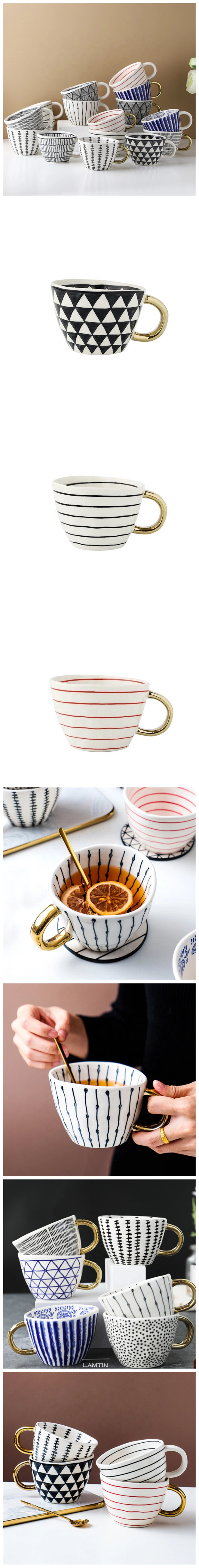 American Irregular Geometric Ceramic Coffee Cup with Gold Plated Handle Black and White Pattern Milk Tea Cup Home Accessories