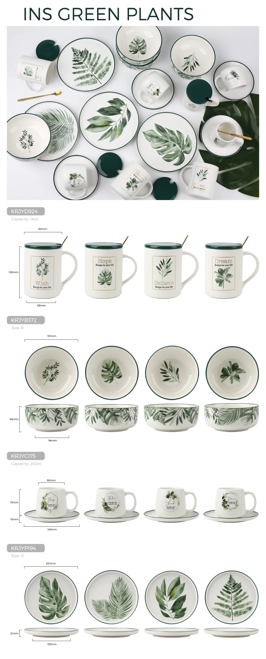 Kalring Ceramic Bowl Green Plants Design Color Rim Size 6&quot; Matt White Glaze Outside Bottom Inside Glossy White with Design for Daily Use
