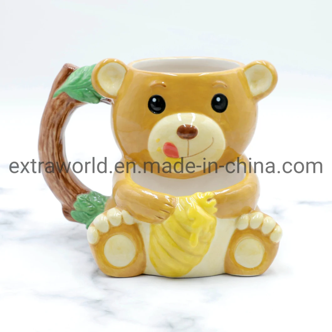 High Quality Promotion 3D Cute Honey Yellow Bear Coffee Mug with Biscuit Pocket for Kids