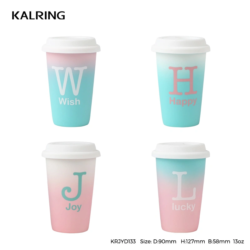 Kalring Soft Feeling Glaze Like Baby Skin with Gradual Change Color Pink and Blue Travel Mug/14oz with Spoon/Stackable Ceramic Mug for Daily Use