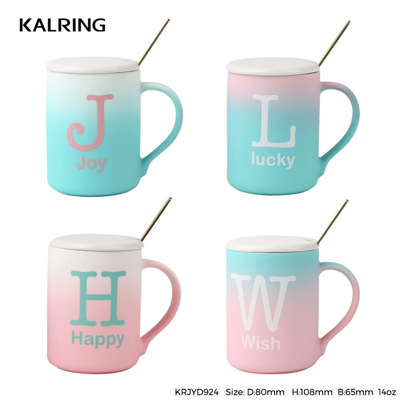 Kalring Soft Feeling Glaze Like Baby Skin with Gradual Change Color Pink and Blue Travel Mug/14oz with Spoon/Stackable Ceramic Mug for Daily Use