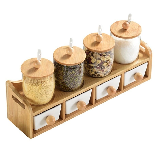 Condiment Serving Set Bamboo Tray Ceramic Bowls with Spoon and Lid