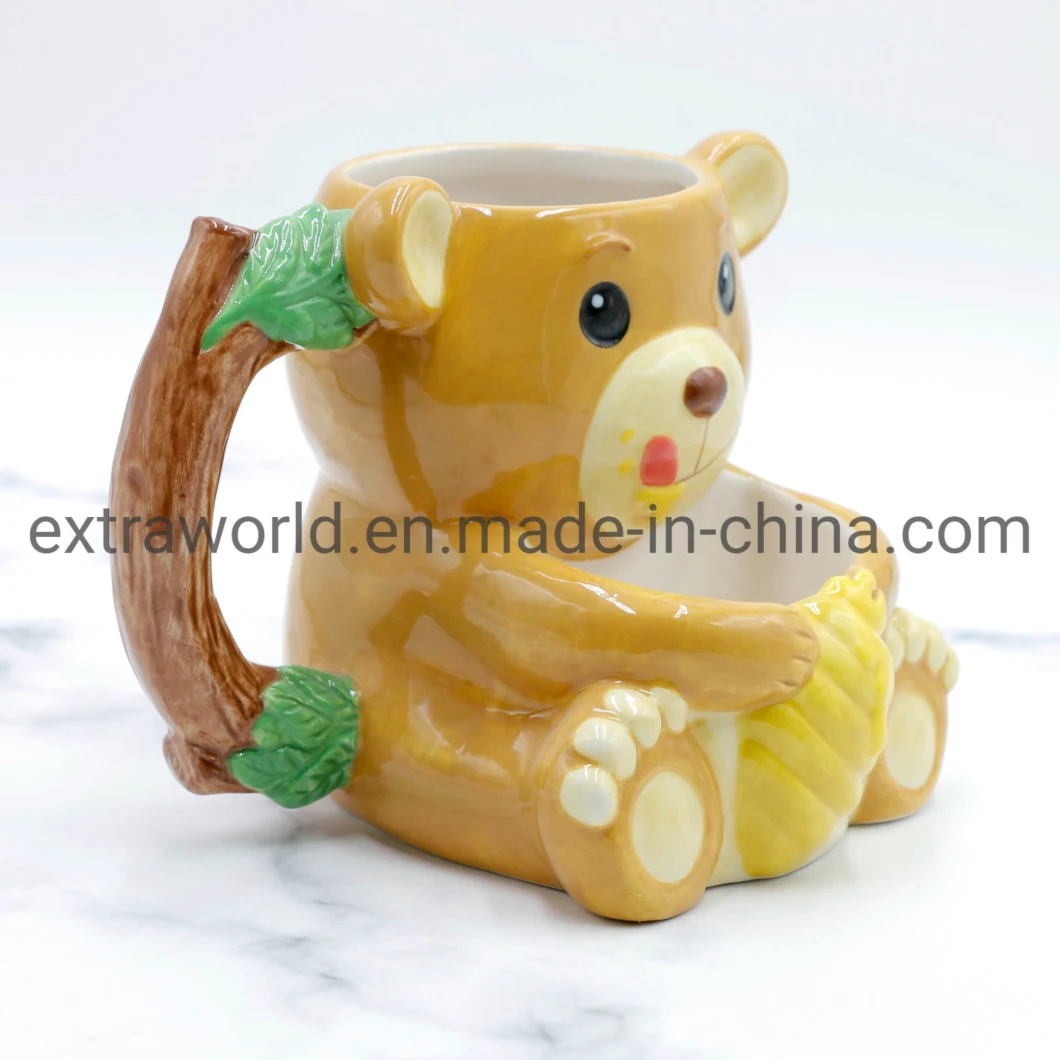 High Quality Promotion 3D Cute Honey Yellow Bear Coffee Mug with Biscuit Pocket for Kids