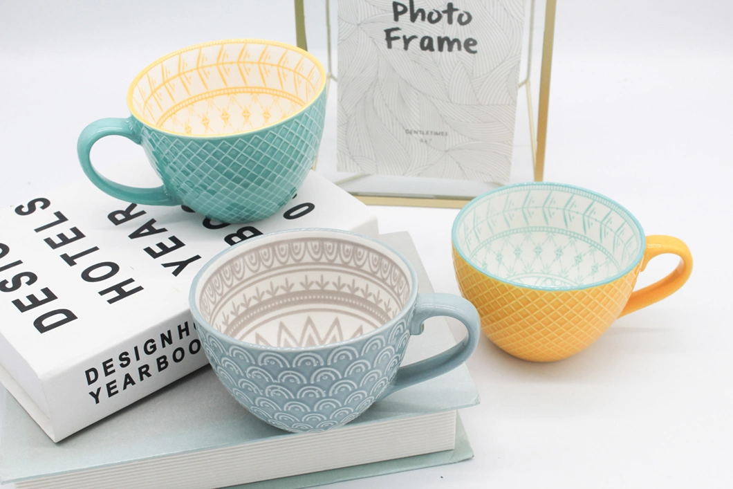 European Style Pad Printing 420ml Ceramic Mug Custom Emboss Deco Morning Coffee Mug