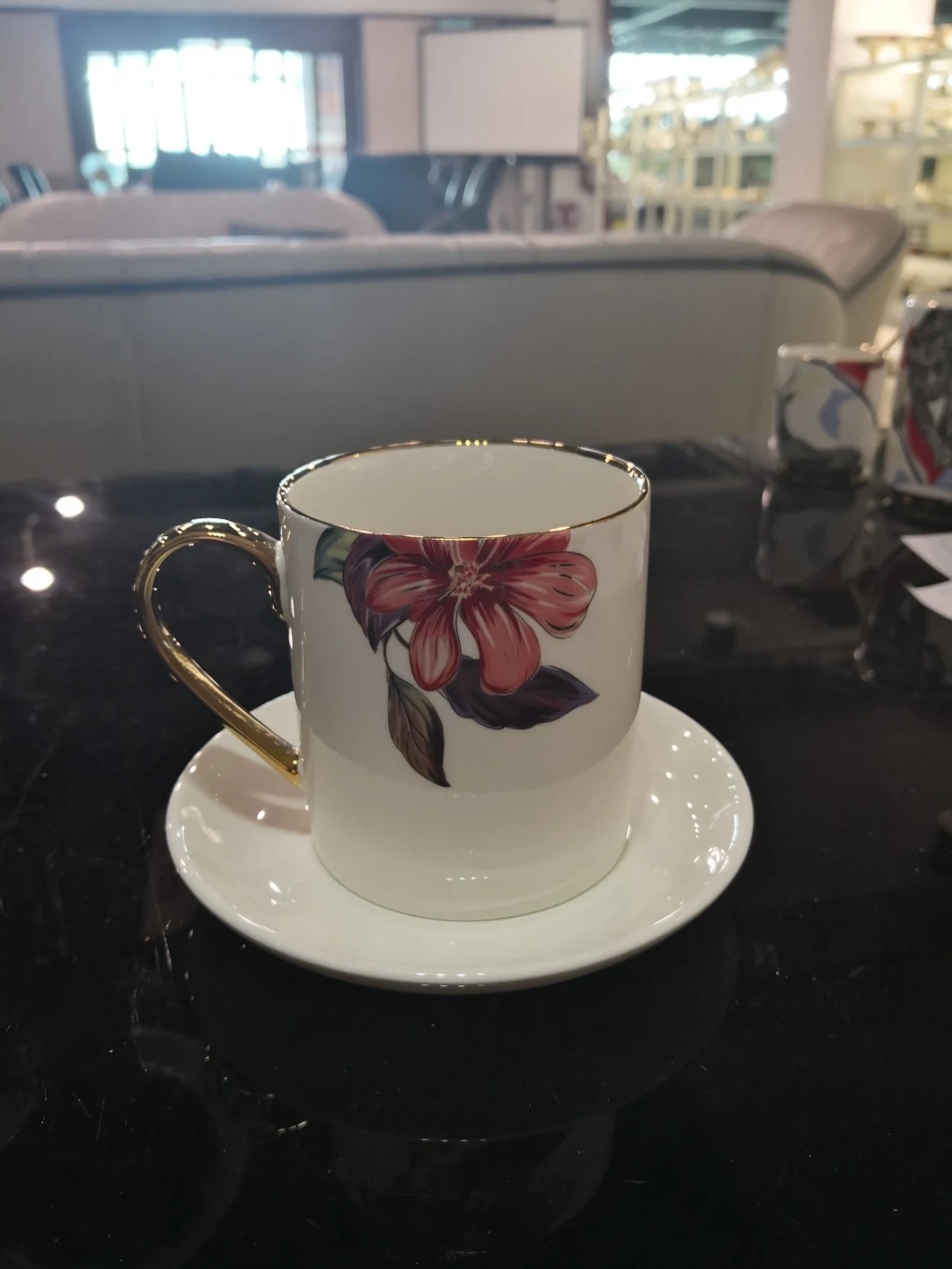 New Arrival Office Coffee Mug Flower Pattern Ceramic Saucer Cup