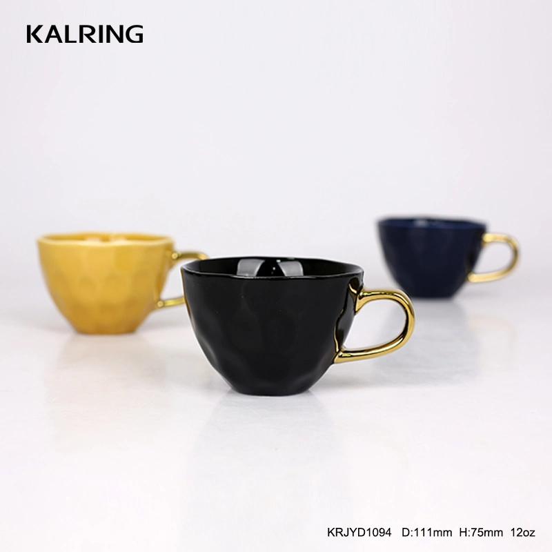 Kalring Color Glazed Gold Handle Wholesale/12oz/Electroplating /Embossed/New Bone China Material/Luxury Ceramic Mug for Daily Use Basic Customization